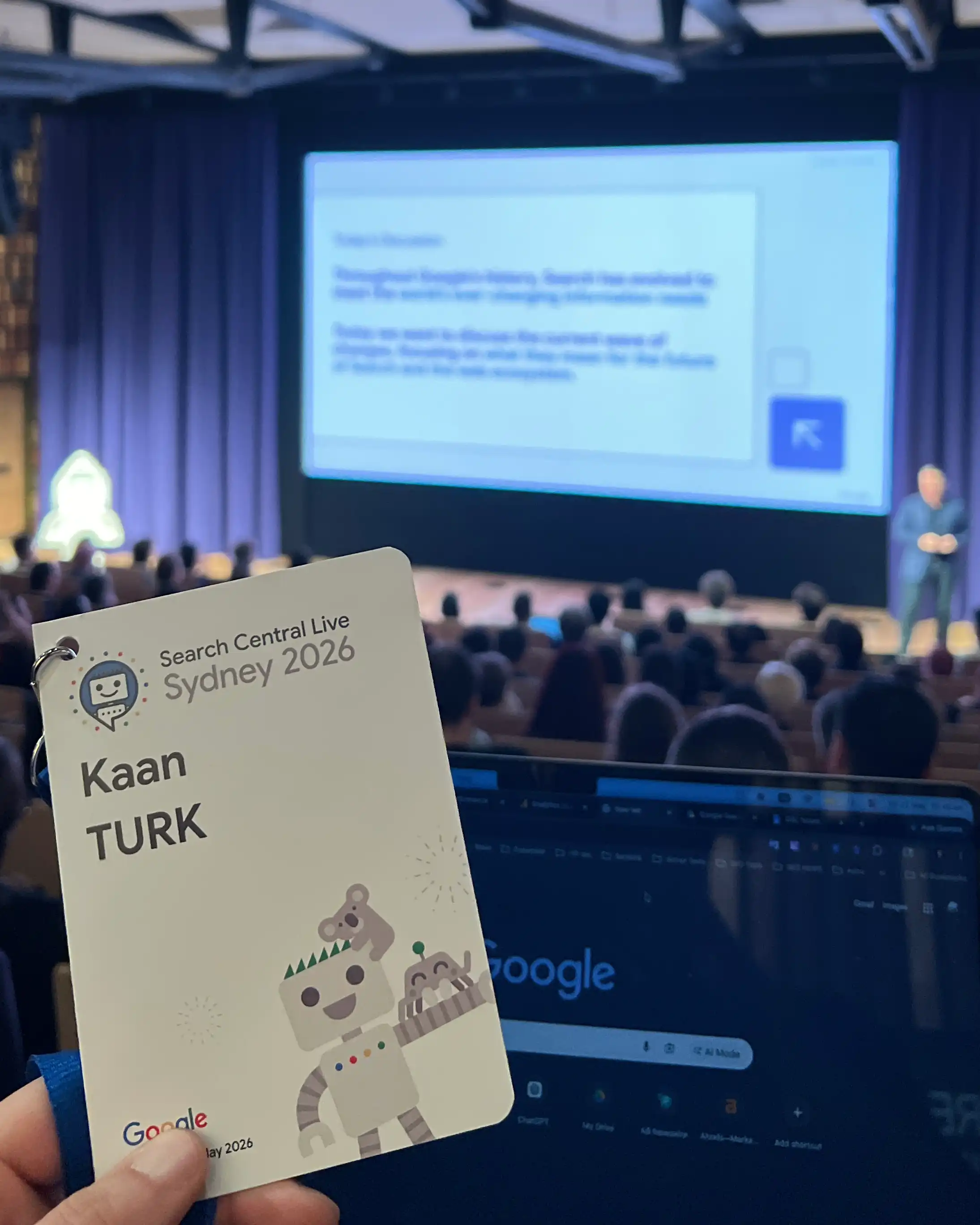 Kaan TURK at Search Central Live Sydney 2026, holding his named attendee card